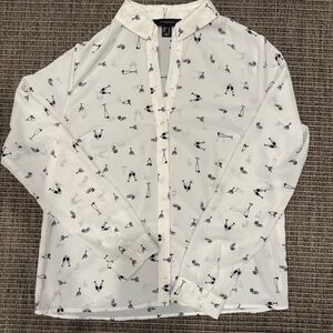 Atmosphere White Button Down Shirt with Black Print